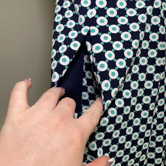 Women's Size 12 Liz Claiborne Navy Teal White Print Sleeveless Dress w/ Pockets - Picture 6 of 11